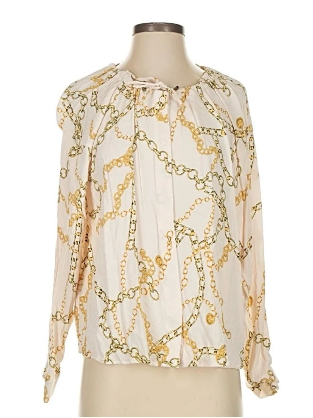 Mango Cream Button-Down Blouse with Gold Chain Print